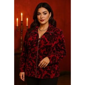 Whimsigoth Mob Wife Red Black Velvet Velour L Floral Zip Up Collared Jacket Soft